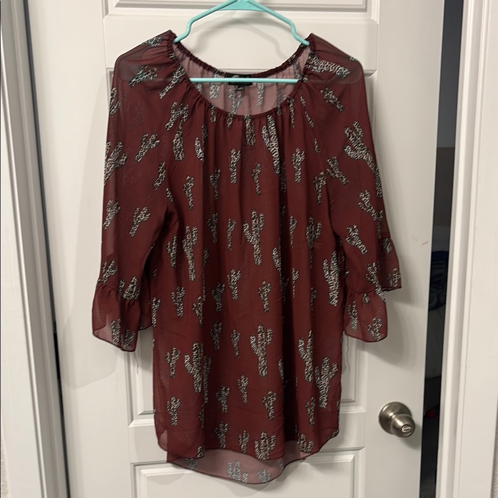 Cowgirl Hardware Elegant Maroon Blouse with leopard cactus Pattern